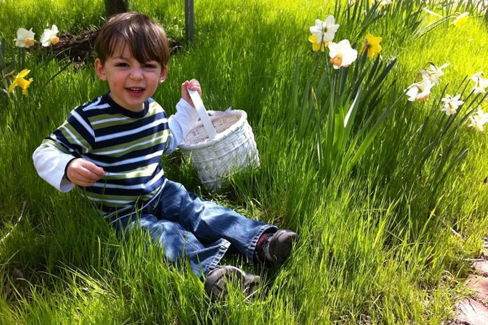 little boy holding basket sitting in a meadow needing a wedding babysitter service